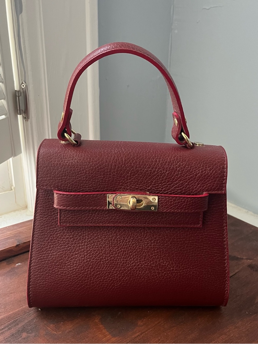 Kelly style Italian leather Satchel in Deep red